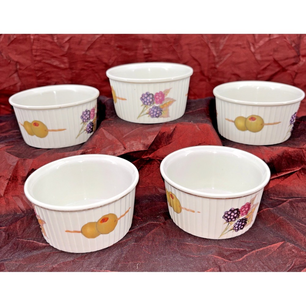 Royal Worcester Evesham Gold‎ Ramekins (5) England Porcelain Berries Olives EUC